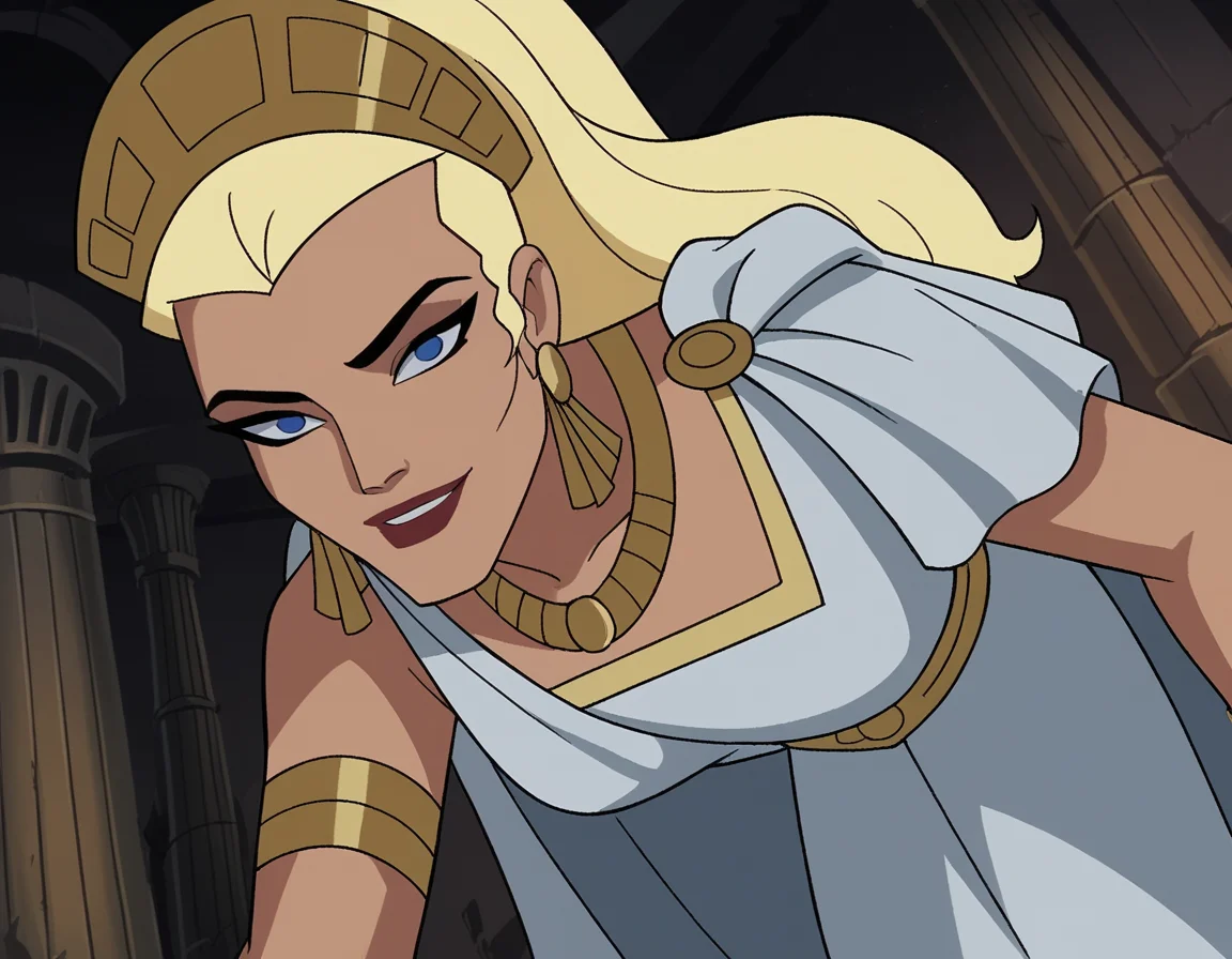 score_9, score_8_up, score_7_up, source_anime,
hippolyta, <lora:hippolyta-dcau-ponyxl-lora-nochekaiser:1>,
hippolyta, long hair, blue eyes, blonde hair, makeup, lipstick,
dress, jewelry, earrings, cape, white dress, necklace, crown, tiara,
indoors, bent over, smile,
cowboy shot, looking at viewer, solo, dutch angle,