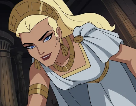 score_9, score_8_up, score_7_up, source_anime,
hippolyta, <lora:hippolyta-dcau-ponyxl-lora-nochekaiser:1>,
hippolyta, long hair, blue eyes, blonde hair, makeup, lipstick,
dress, jewelry, earrings, cape, white dress, necklace, crown, tiara,
indoors, bent over, smile,
cowboy shot, looking at viewer, solo, dutch angle,