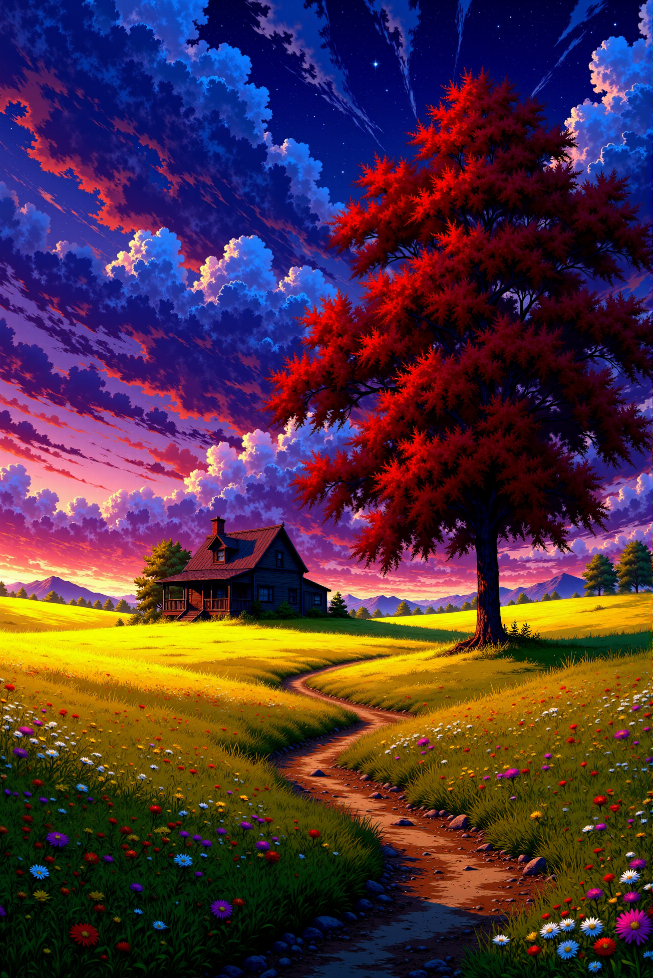 <lora:Anime_Sky:1.0> AnimeSky style. The image is a vibrant, detailed digital painting featuring a picturesque rural scene. The central focus is a rustic, wooden cabin with a sloping roof, positioned slightly off-center to the right. The cabin, painted in earthy red hues, stands on a lush, green lawn surrounded by an open field. The foreground is a winding dirt path, starting from the bottom left and leading the eye towards the cabin, bordered by a colorful, vibrant meadow filled with a variety of wildflowers in hues of pink, yellow, and white, adding a pop of color to the scene. Dominating the right side of the image is an imposing tree with a rich, deep red foliage, contrasting sharply against the vivid sky. The tree's canopy spreads wide, providing a sense of shade and tranquility. The background sky is a mesmerizing display of swirling, dramatic clouds painted in a blend of deep purples, blues, and pinks, reflecting the colors of an intense sunset or sunrise.