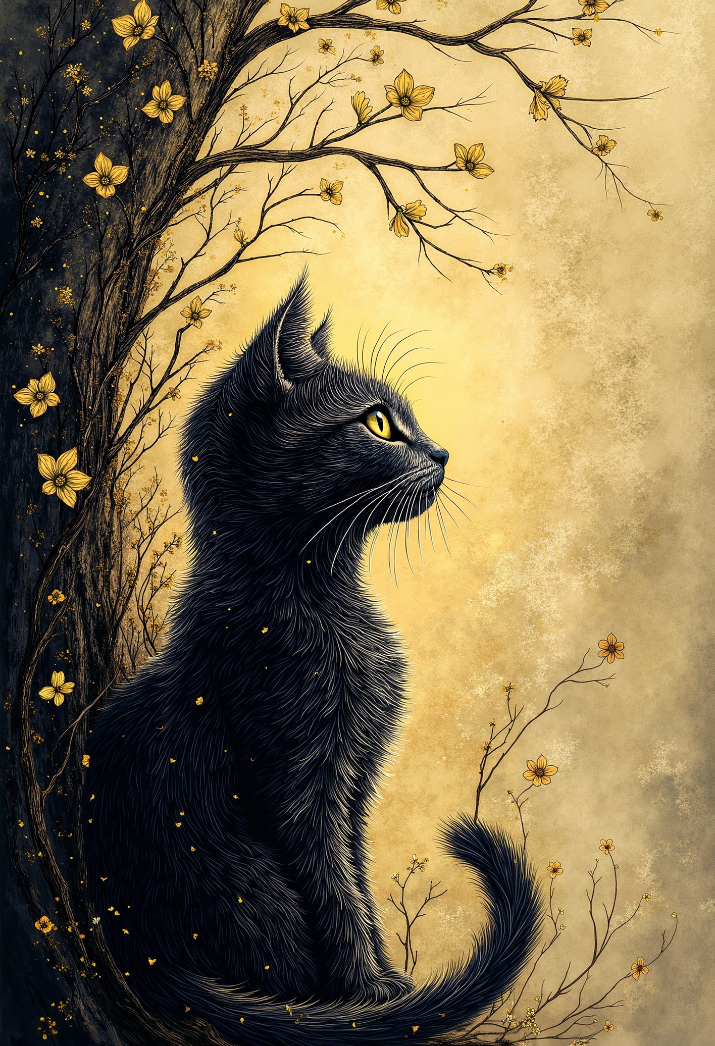 pst006, a beautiful cat sitting on a tree with flowers, beautiful evening mood