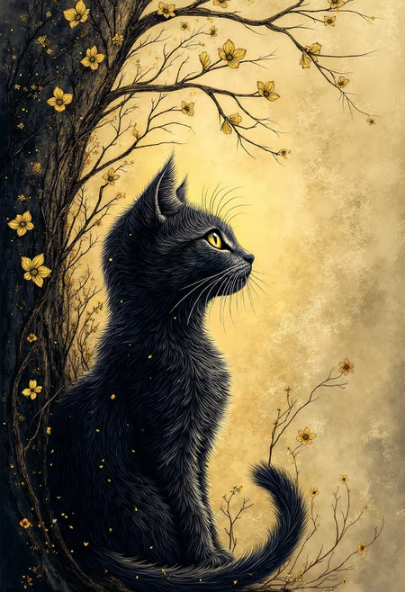 pst006, a beautiful cat sitting on a tree with flowers, beautiful evening mood