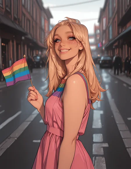 masterpiece, best quality, amazing quality, blurry background, depth of field, 1girl, solo, semi-realism, <lora:Semi-realism_illustrious:1> holding flag, prideflag, rainbow flag, multicolored clothes, pink dress, blonde hair, blue eyes, long hair, lgbt pride, smile, street, standing, looking at viewer, <lora:Pride_Flag_v2:0.8>