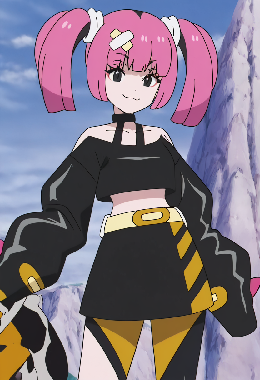 (masterpiece, best quality, good quality, very aesthetic, absurdres, newest:1.2),  zzSango, pink hair, short twintails, blunt bangs, hair ornament, belt, long sleeves, sleeves past fingers, black skirt, black choker, black crop top, bare shoulders, yellow belt, bandaid, midriff, collarbone,  ,     <lora:SangoPokemon_NAI:1.0>, , smile, looking at viewer, cowboy shot,  ,<lora:DrabonballZNamek:1.0>,