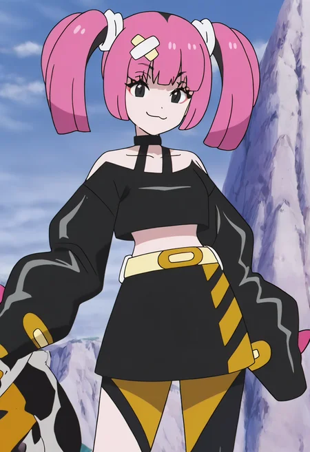 (masterpiece, best quality, good quality, very aesthetic, absurdres, newest:1.2), zzSango, pink hair, short twintails, blunt bangs, hair ornament, belt, long sleeves, sleeves past fingers, black skirt, black choker, black crop top, bare shoulders, yellow belt, bandaid, midriff, collarbone, , <lora:SangoPokemon_NAI:1.0>, , smile, looking at viewer, cowboy shot, ,<lora:DrabonballZNamek:1.0>,