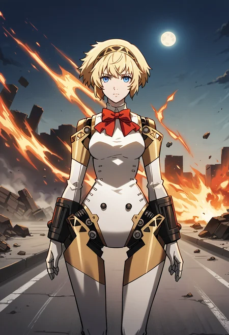 score_9, score_8_up, score_7_up, score_6_up, score_5_up, score_4_up, source_anime
(masterwork, masterpiece, best quality, hyper-detailed :1.3),
1 girl, solo,
p3aigis, aegis (persona), android, short hair, blonde hair, hairband,
p3aigis-robot, robot joints, bow, red bowtie,
cowboy shot,
outside, highway, street, rubble, destruction, fire, nighttime, dark, stars, moonlight, full moon