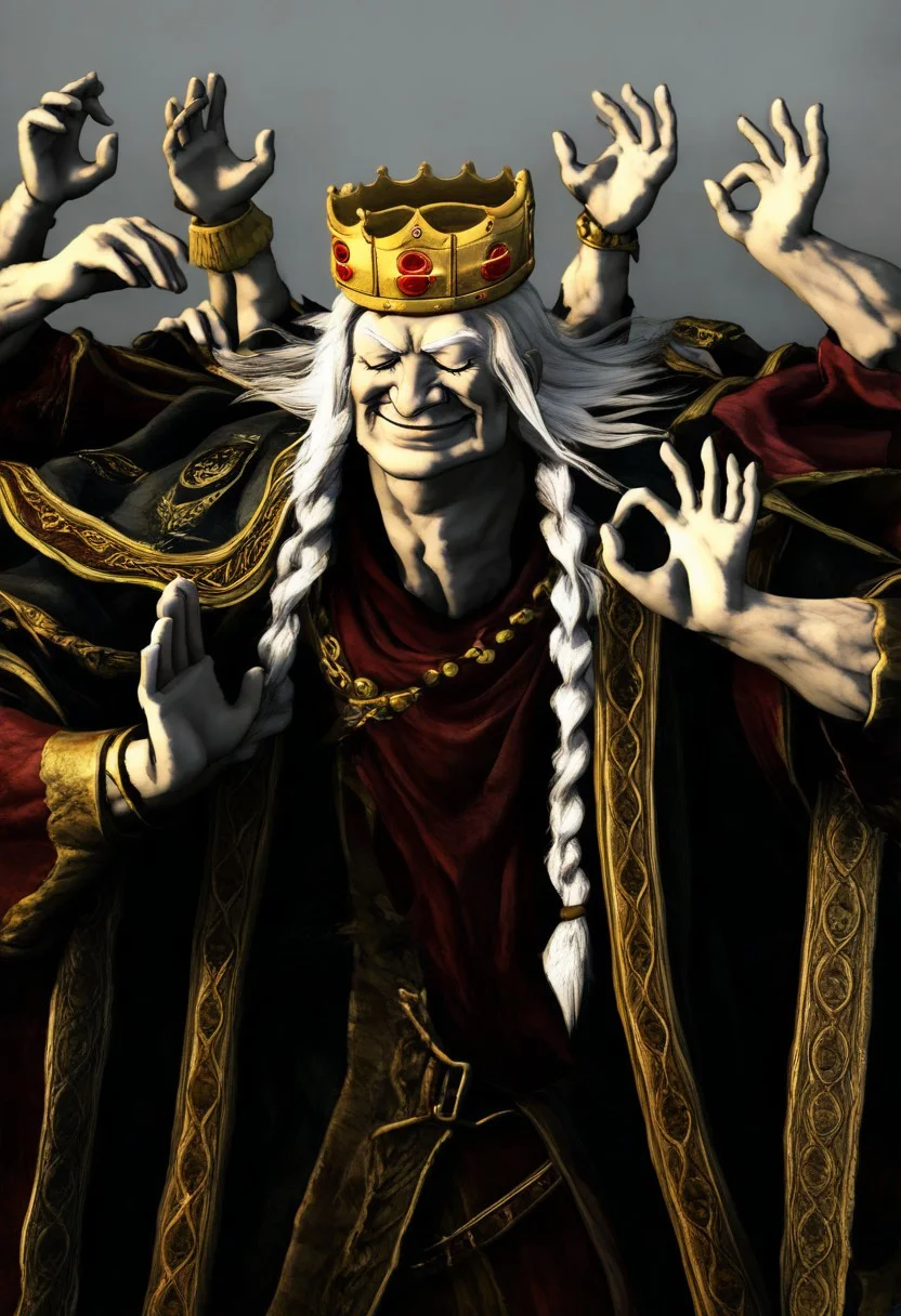 handsome,1old man,white hair,extra arms,multiple hands,crown,twin braids,evil smile,robe,cape, pachameme, hands up, ok sign, closed eyes,solo