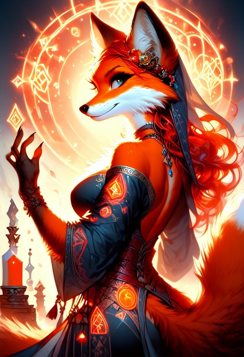 score_9, score_8_up, score_7_up, dancing dynamic pose,large breasts, slim waist, red hair, solo, anthro,fox,female,foxfolk,(red and orange fur, thick fur:1.3, extreamly detailed fur, soft fur),large breasts, slim waist, peach ass, sorceress, cleavage cut out, magical robes,Glowing runes on robes, Glowing Runes ,Glowing Rune Circle,  dynamic angle from back, looking back at viewer,magical athmosphere, realisitc,