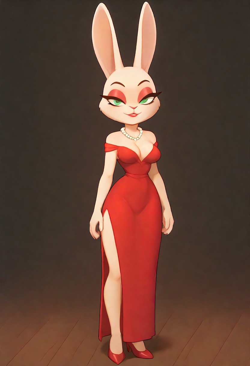 score_9, score_8_up, score_7_upcleavage, high heels, solo, cute face, 1girl,furry,red dress,high heels,curvy,breasts,rabbit girl,jewelry,makeup,side slit,eyeshadow,pearl necklace,bare shoulders,cleavage,green eyes,closed mouth,body fur,eyeliner,lipstick,red eyeshadow,cocktail dress, empty hands
