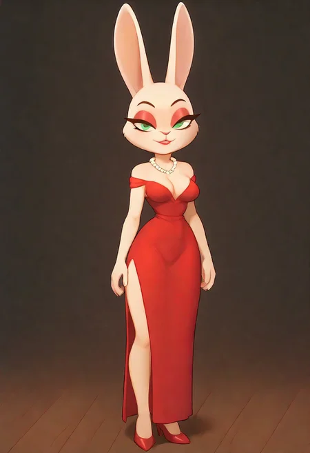 score_9, score_8_up, score_7_upcleavage, high heels, solo, cute face, 1girl,furry,red dress,high heels,curvy,breasts,rabbit girl,jewelry,makeup,side slit,eyeshadow,pearl necklace,bare shoulders,cleavage,green eyes,closed mouth,body fur,eyeliner,lipstick,red eyeshadow,cocktail dress, empty hands
