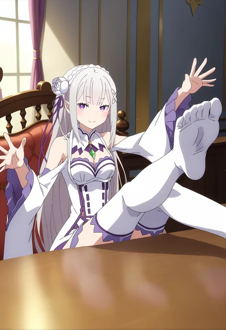 score_9, score_8_up, score_7_up, source_anime,
BREAK
1girl, solo, anime screencap, anime coloring,
<lora:shiEmiliaV2:0.9> shimilia, long hair, grey hair, purple eyes, pointy ears, crown braid, hair flower, hair ribbon, purple ribbon, x hair ornament, white dress, cleavage, bare shoulders, wide sleeves, white thighhighs, thigh boots,
<lora:shiFootDesk:0.8>,
crosft, feet on table, crossed legs, sitting, legs, foot focus,
looking at viewer, outstretched arms, seductive smile, half-closed eyes,