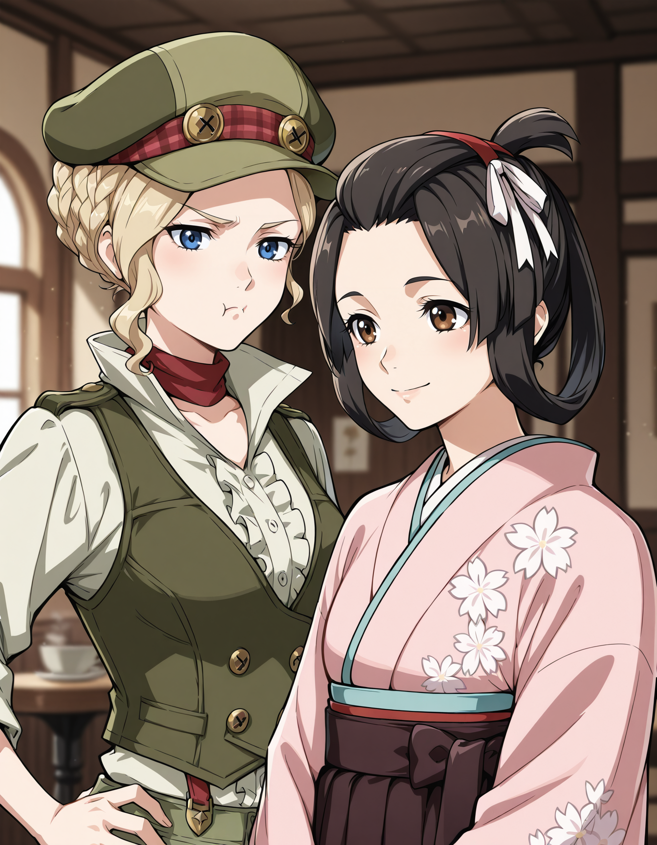 <lora:susato-and-gina-gyakuten-illustrious-000015:1>  2girls, cafe, indoors, upper body, blurry background
2girls, gina lestrade, green headwear, scarf, green vest, collared shirt, pout, hand on own hip
2girls, susato mikotoba, black hair, brown eyes, japanese clothes, pink kimono, wide sleeves, smile