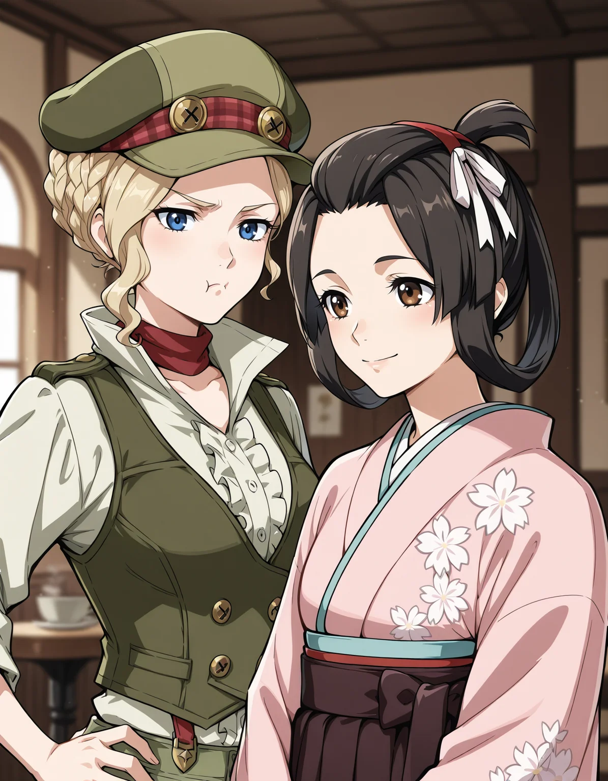 <lora:susato-and-gina-gyakuten-illustrious-000015:1> 2girls, cafe, indoors, upper body, blurry background
2girls, gina lestrade, green headwear, scarf, green vest, collared shirt, pout, hand on own hip
2girls, susato mikotoba, black hair, brown eyes, japanese clothes, pink kimono, wide sleeves, smile
