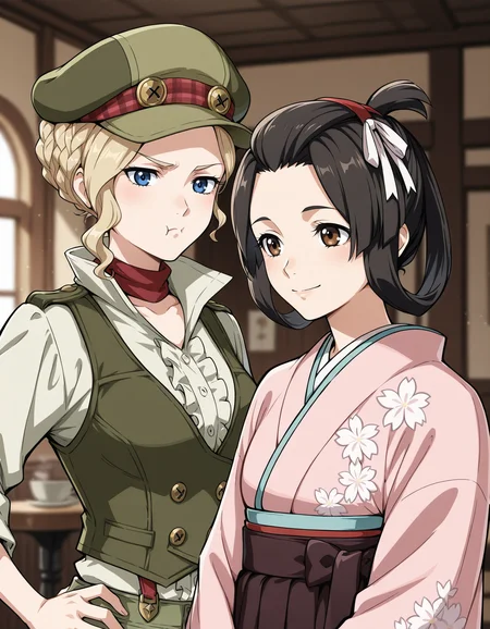 <lora:susato-and-gina-gyakuten-illustrious-000015:1>  2girls, cafe, indoors, upper body, blurry background
2girls, gina lestrade, green headwear, scarf, green vest, collared shirt, pout, hand on own hip
2girls, susato mikotoba, black hair, brown eyes, japanese clothes, pink kimono, wide sleeves, smile
