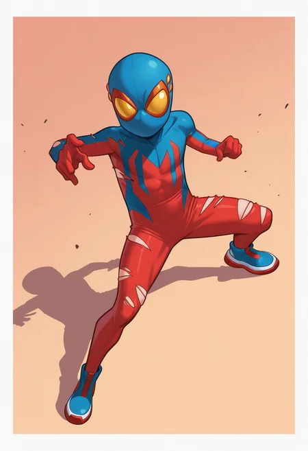 1boy, male focus, cute boy, BaileyBriggs, Mask, Spiderboy Costume, Two-tone Bodysuit, Red Bodysuit, Blue Bodysuit, simple background, graphic border, cinematic, intricately detailed illustration, depth of field, masterpiece, best quality, amazing quality, very aesthetic, absurdres, newest, very awa, shadow, dynamic angle, casual cosplay, dynamic pose,  action pose, torn bodysuit, scrapped skin,