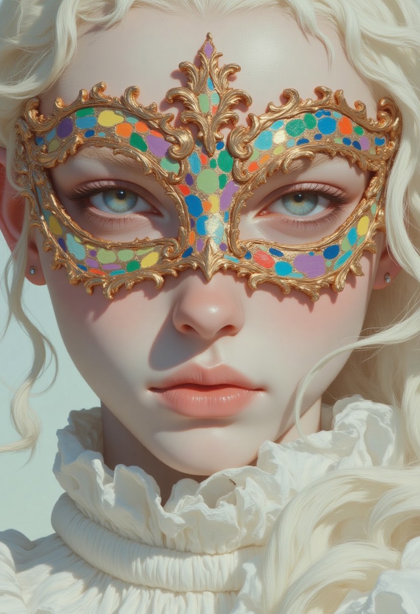 Nixport, a portrait of a beautiful woman with flawless porcelain skin emitting a soft luminescent glow, striking white hair flowing elegantly, mesmerizing light blue eyes with intricate swirling patterns reflecting a kaleidoscope of colors, wearing a jester mask composed of vibrant multicolored glowing neon dots (deep red, electric blue, bright yellow, vivid green, rich purple, radiant orange) that shimmer and pulse with light, golden patterned borders framing the mask, mouth delicately stitched with glistening golden twine, adorned in a flowing white robe matching a bright white background, face partially obscured by ethereal smoke, subtle shadows and high-contrast lighting emphasizing her surreal, cyberpunk anime ne0nfant4sy aesthetic.