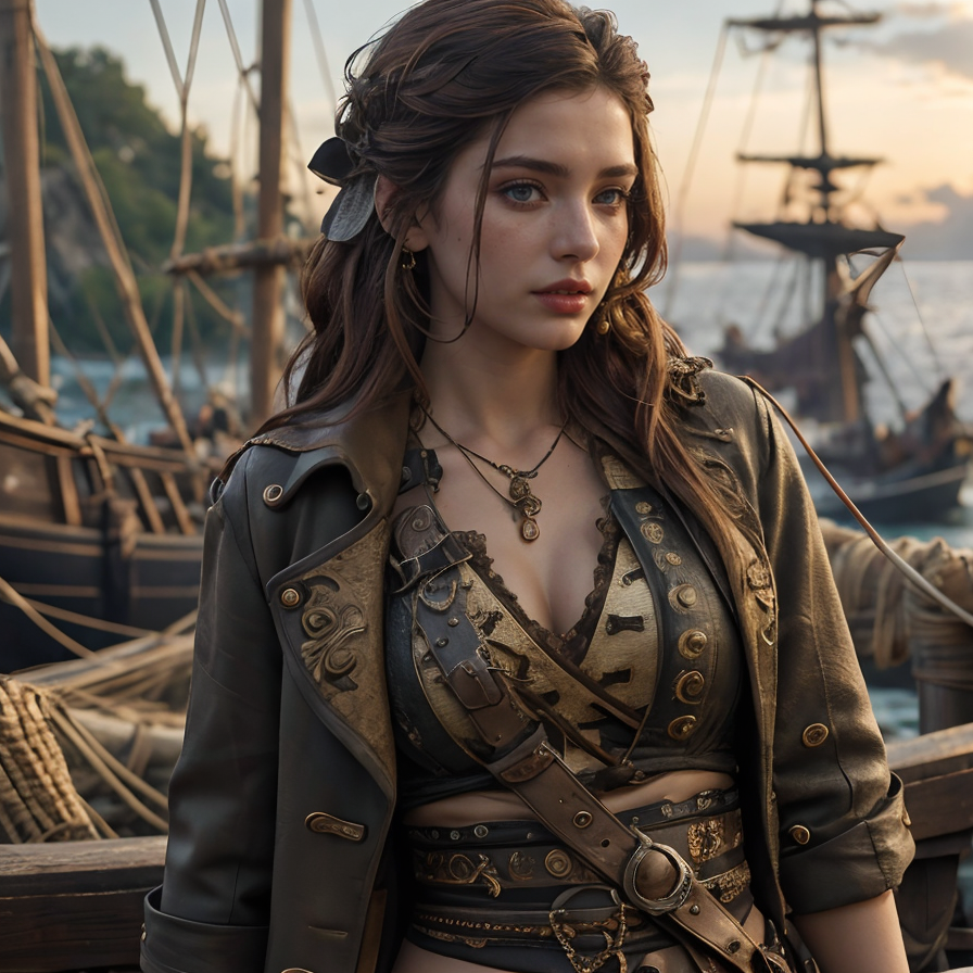 (masterpiece:1.2), (best quality,:1.2), 8k, HDR, ultra detailed, ((photorealistic)), professional light, cinematic lighting, fashion photography, ambient lighting, atmospheric effects, <lora:detail_slider_v4:2>, <lora:zoom_slider_v1:4>, a (female) pirate, long hair,  coat, shirt, <lora:PirateGarb:0.5>, in a pirate harbor on a pirate island, <lora:PirateRealms:0.8>, PiRe, epiCPhoto