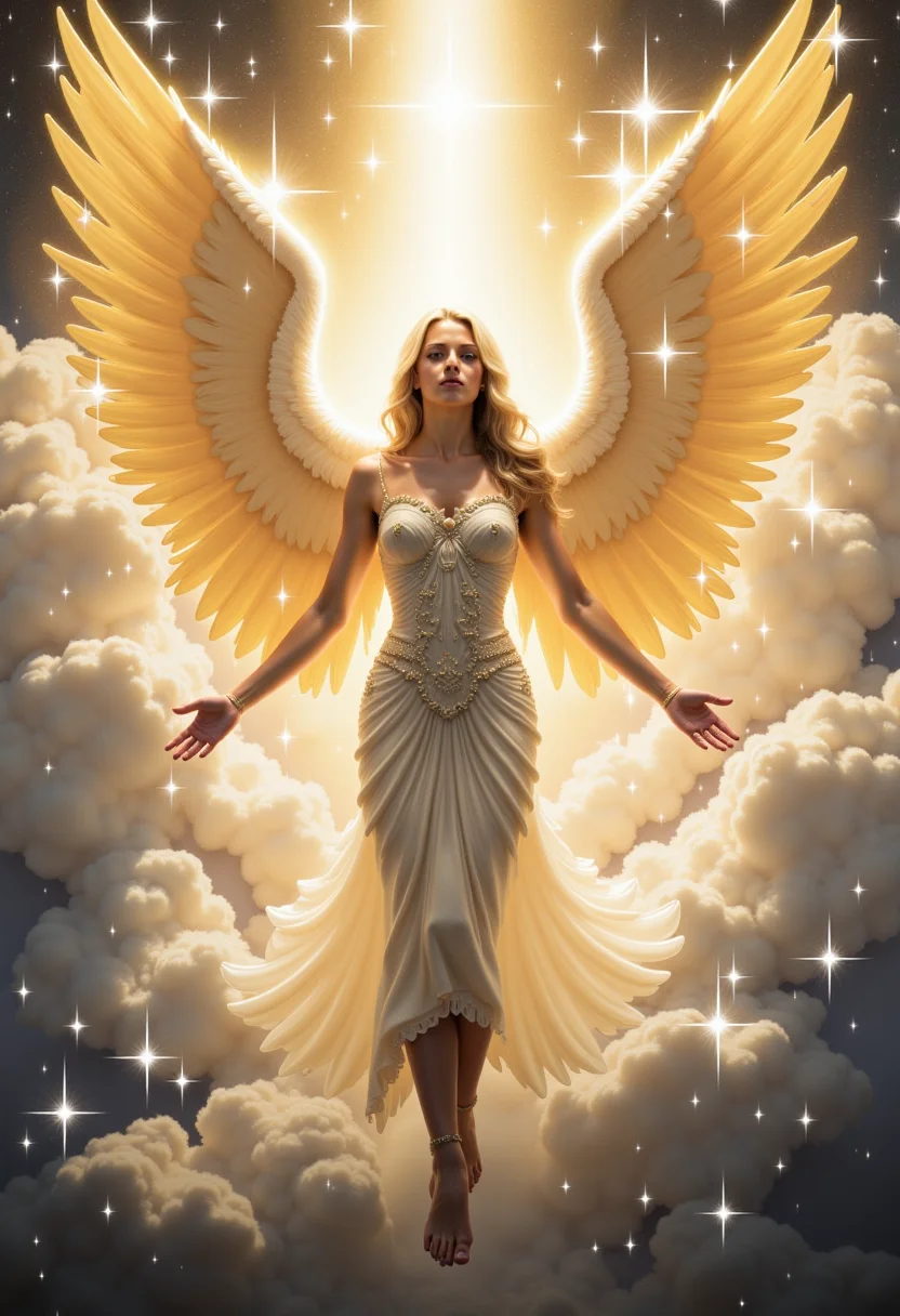 A celestial angel descending amidst sparkling clouds, digital art, tags: celestial angel, sparkling clouds, glowing wings, divine light, ethereal, fantasy, spiritual, radiant, golden tones, heavenly, soft textures, peaceful, mystical atmosphere, detailed feathers, serene, luminous, holy figure, detailed textures, calming, digital painting, transcendental