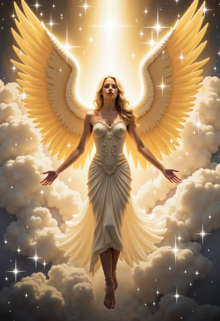 A celestial angel descending amidst sparkling clouds, digital art, tags: celestial angel, sparkling clouds, glowing wings, divine light, ethereal, fantasy, spiritual, radiant, golden tones, heavenly, soft textures, peaceful, mystical atmosphere, detailed feathers, serene, luminous, holy figure, detailed textures, calming, digital painting, transcendental