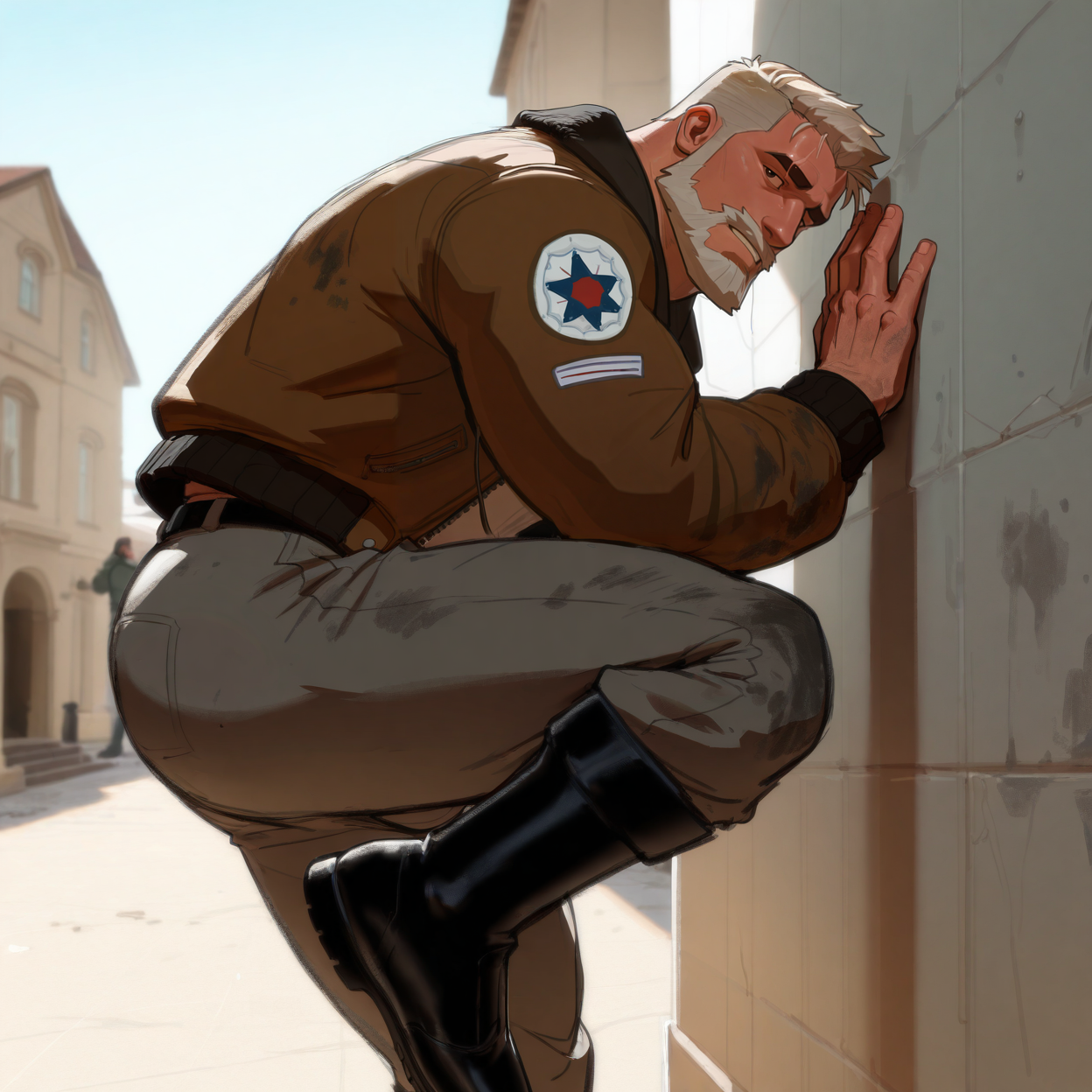 <lora:sosforsource-30:1> sosforsourcestyle, ((leaning against a wall with one leg up, court, bomber jacket, dirty blonde hair, day, HDRI))
(very short hair, beard, bara, mature, facial hair, stubble, beard, full beard, sideburn, beard, a lot of beard, ), facial hair,male focus, muscular male, muscular male, bara, mature,  bara,  very awa, masterpiece, best quality, absurdres, newest, perfect quality, detailed background, intricate details,
<lora:slider_Body Type_alpha1.0_rank4_noxattn_last:3><lora:slider_cfg_scale_boost:.7><lora:slider_il_brightness_slider_d1:-1><lora:slider_il_contrast_slider_d1:-1><lora:slider_DarkSlider1.2_alpha1.0_rank16_full_300steps:-.6>