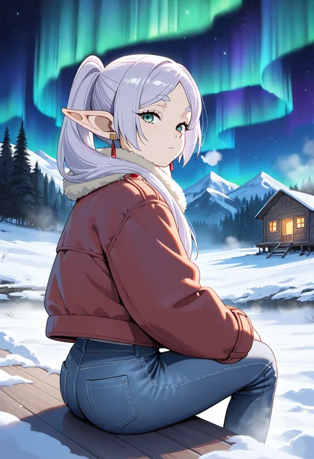 frieren, masterpiece, best quality, amazing quality, 1female, solo, adult, fur trimmed jacket, fog, snow, mountain, denim pants, sitting on deck, cabin, from side, night, forest, looking at viewer, particles, stars, aurora,
