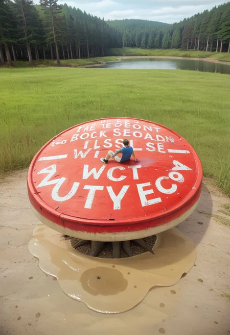 lake sign with the text" Croeso y llyn gellynoth. Oes yn y cont" billboard waste and <lora:text:0.8>, picturesque lake surrounded by a forest but is in a polluted dystopian landscape, in the foreground there is , human fecal matter on the floor in small piles, puddle of human waste with text "wow" <lora:text:.8>, fecal waste written in it, <lora:falloutlandsdxl:0.8>, mushroom cloud in background