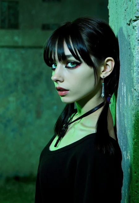 Advertisement profile photograph showing young slender colombian woman, 19yo, with mesmerizing light green round eyes and wide lips with an elegant expression. She has eccentric dyed low twintails hair and emo-scene makeup featuring shades of red and bold eyeliner with glossy lipstick, in combination with a lariat necklace and dangle earrings. Set within an eerie brutalist citadel deep underground, diffuse side-lighting. With flash front-lighting, soft focus, shallow depth of field, authentic, perfect lighting <lora:flux_skinny_slider> <lora:flux_SkinDetails_v8> <lora:flux_UltraRealPhoto>