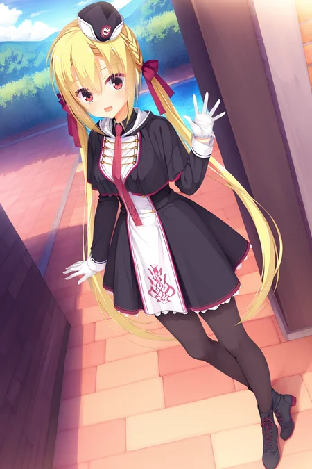 masterpiece,best quality,good quality,rating safe,, <lora:Arihara_Nanamiv1-ill_narcissu:1>, 1girl,solo,arihara nanami, riddle joker,blonde hair, long hair, twintails, hair between eyes, braid, hair bow, very long hair, red eyes, low twintails, straight hair, hair ribbon, red ribbon, black dress, uniform, short dress, red bow, white gloves, red necktie, black pantyhose, black footwear, cross-laced footwear, mini hat, black headwear,standing,smile,looking at viewer,waving hand,open mouth,outdoor