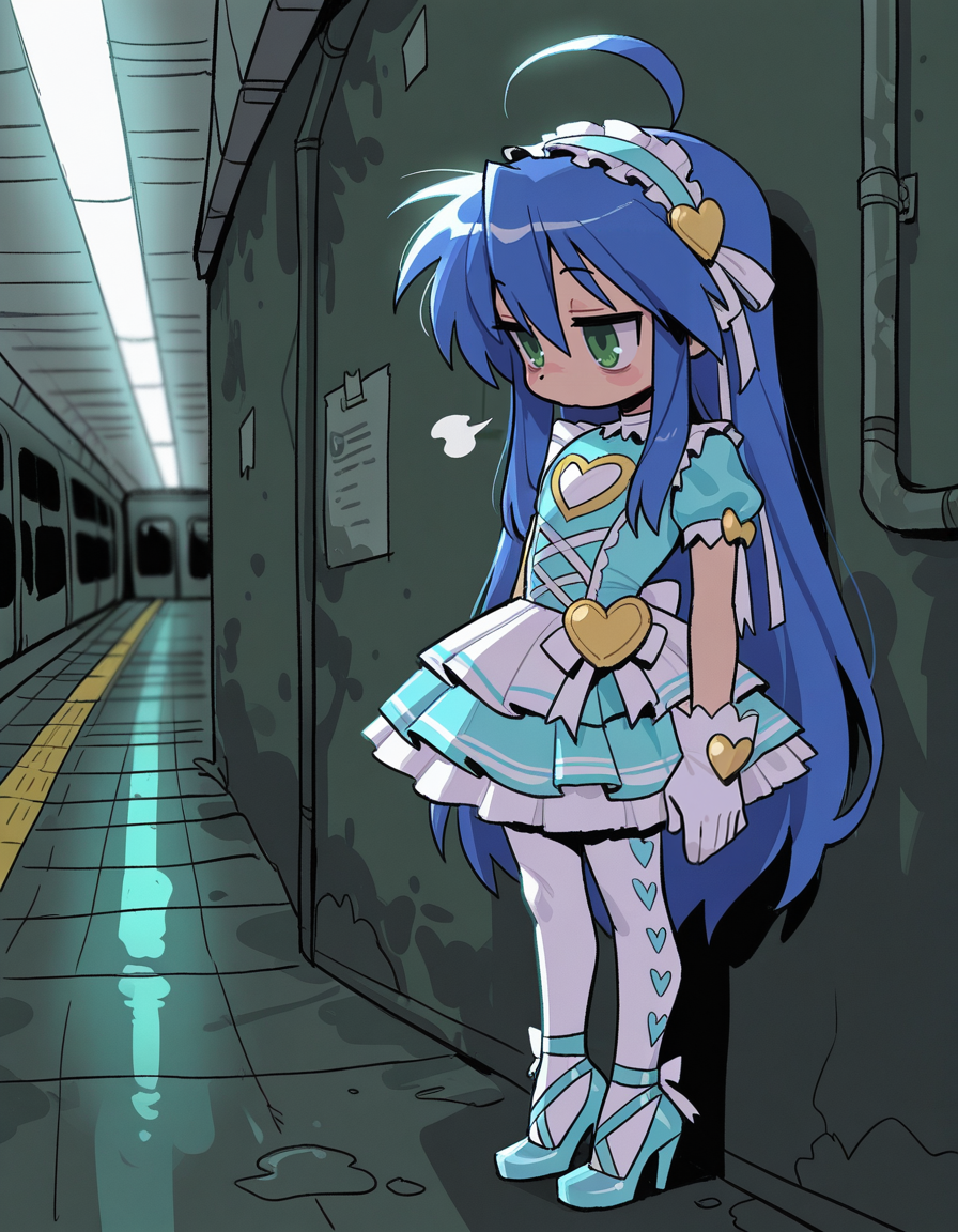 1girl, solo, <lora:knuxze:1> knuxze,
izumi konata, green eyes, blue hair, very long hair, petite, idol outfit, heart motif dress, frilly skirt, pantyhose, heels, gloves, headband, (long shot), experiencing hallucinations, detailed face, located in a ruined world at a desolate subway station during night with overcast weather, illuminated by flickering neon, creating a desolate,bleak atmosphere, extremely detailed, highres, masterpiece, best quality