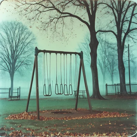 <lora:70s_Horror_MovieSDXL:1> ArsMovieStill, movie still from a 1970s horror movie, The image shows a swing set in a park. The swing set is made of metal and has three swings attached to it. The swings are empty and the ground is covered in fallen leaves. The trees in the background are bare and have no leaves indicating that it is winter. The sky is foggy and the overall mood of the image is peaceful and serene. The image has a sepia tone giving it a vintage feel., tree, no humans, bare tree, outdoors, scenery, sky, nature, fence, forest, grass