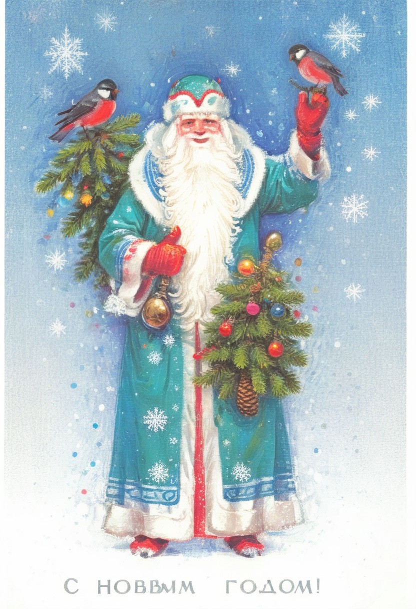 father frost, DedMoroz, postcard,,bird,white background,winter, scifi, shade of deepblue,darkgreen, soviet new year postcard, (s novym godom logo:1.2), <lora:mgl_Soviet_New_Year_Postcards:0.85>, landscape, winter, cosmos,dusk,forest,