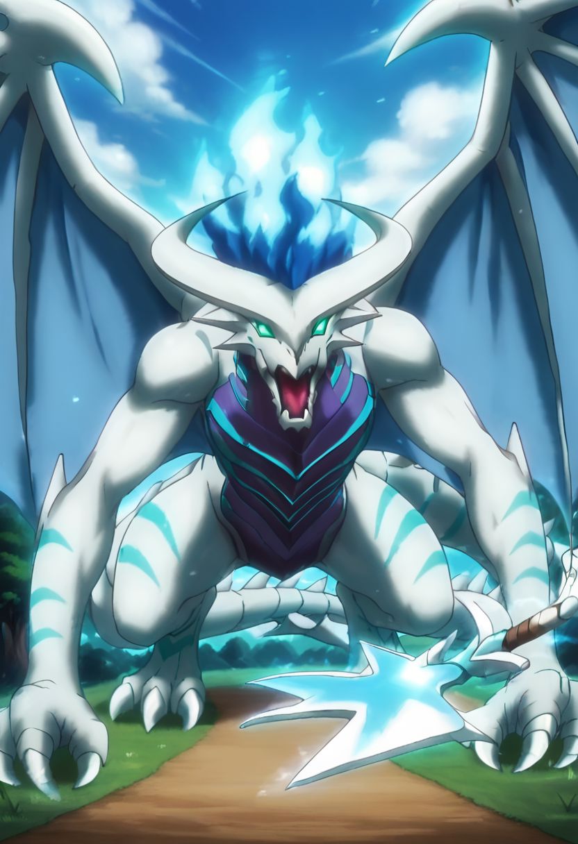 score_9_up, score_8_up, score_7_up, anime style, hd, ultra detailed, alone, full body, dragon, emerald green eyes, non-human, spirit, dragon, white western dragon, toothless and rostrum style snout, antlers with a half-moon pattern, light blue flames that go from the back of the head to the tail, a spear at the tip of the tail, background forest,