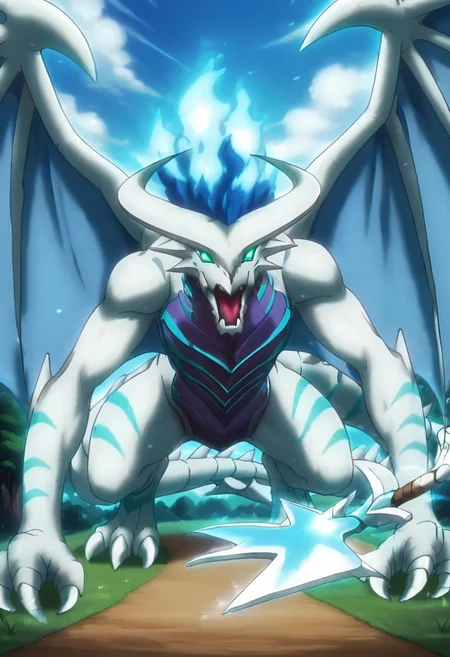 score_9_up, score_8_up, score_7_up, anime style, hd, ultra detailed, alone, full body, dragon, emerald green eyes, non-human, spirit, dragon, white western dragon, toothless and rostrum style snout, antlers with a half-moon pattern, light blue flames that go from the back of the head to the tail, a spear at the tip of the tail, background forest,