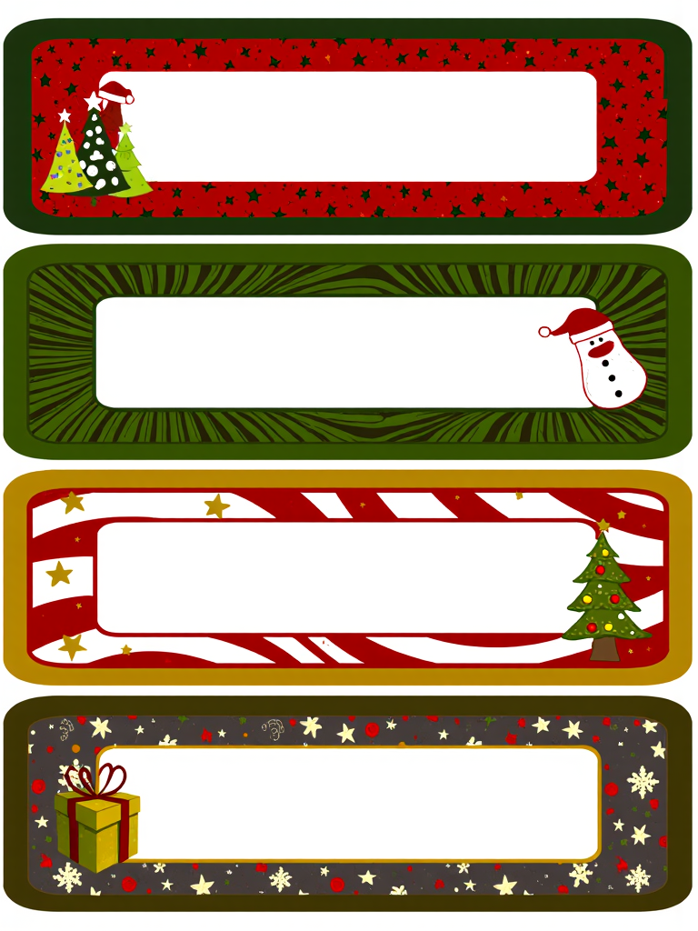 Christmas Label Tags 4x2 grid layout, lines, colorful christmas frames with a christmas icon on the side. No text. White background.
<lora:ChristmasLabelsFlux:0.9>