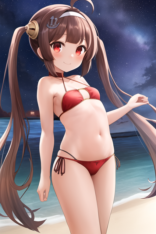masterpiece, best quality, highres, solo, {night:1.10}, {starry sky:1.10}, beach, beautiful detailed sky, {extremely detailed background:1.20}, {ping_hai_azurlane:1.10}, {standing:1.10}, looking at viewer, {bikini:1.30}, brown_hair, long_hair, bangs, ahoge, twintails, red_eyes, breasts, blush, small_breasts, hairband, hair_ornament, white_hairband, very_long_hair, anchor_hair_ornament, light smile