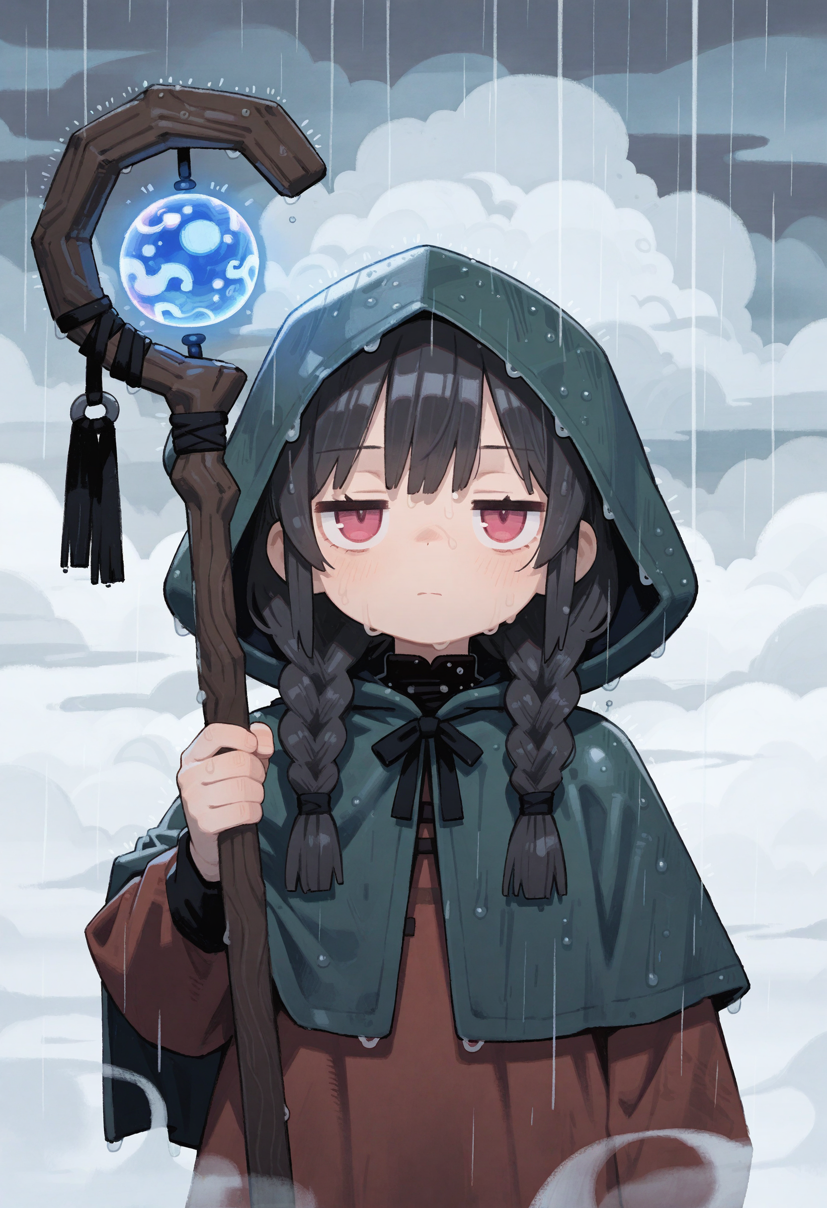 <lora:Amelicart_buns:1>  4m3l1,
masterpiece, best quality, amazing quality, very aesthetic, high resolution,
1girl, face focus, twin braids,  jitome, cloud, fog, holding staff, rain, orb, hood up, 
,  <lora:NOOB_EPSv1_1_detailer_by_vlnvk_v1_0:1>
,      <lora:ponyv6_noobE11_2_adamW:.4>
,