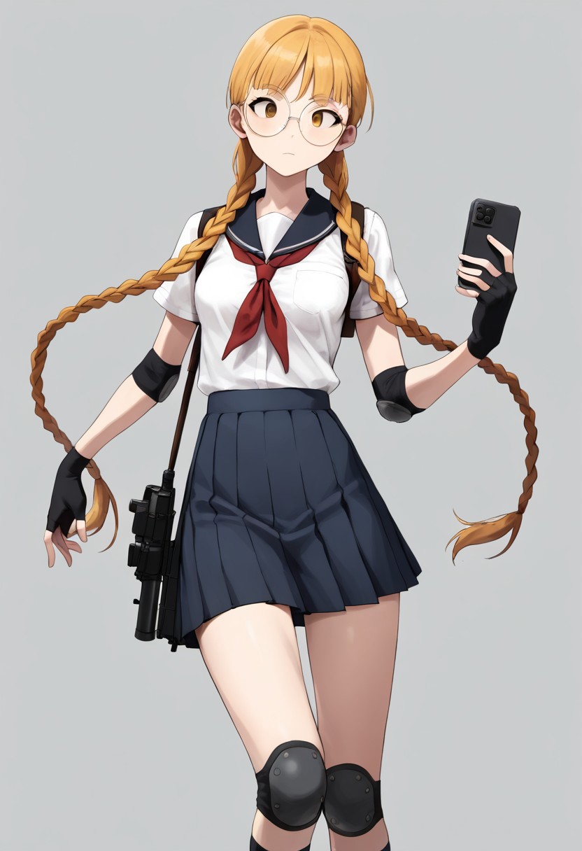 solo, 1girl, skinny, androgynous, looking at viewer, round eyewear, blond hair, long twintail braids, white school uniform, skirt, knee and elbow pads, fingerless gloves, holding flip phone, holstered rifle to the side, medium breast, mid movement, dynamic pose, smewed.