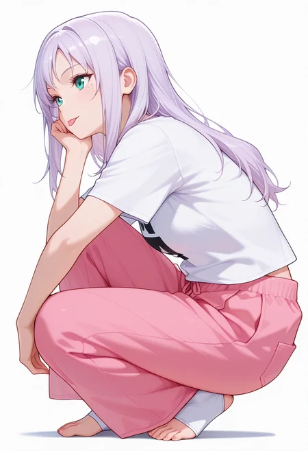 Smooth Quality,masterpiece,very intricate, high quality details, ultra realistic, high detailed skin,detailed enviorement,absurdres,
hand on own knee,
<lora:Kate_Takayama_CNR:0.8> kate_cnr, 1girl,light purple hair, long hair, aqua eyes, mole under eye,, simple background, white background, from side,solo,, :p,, t-shirt,cardigan,harem pants, ,toeless legwear kneehighs,