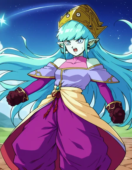 score_9, score_8_up, score_7_up, source_anime,
dragonballaeos, <lora:dragonball-aeos-ponyxl-lora-nochekaiser:1>,
aeos formtwo, long hair, gloves, jewelry, blue hair, earrings, pointy ears, pants, aqua hair, (colored skin:1.5), baggy pants, dress, (purple dress:1.5), leotard, (pink leotard:1.5),
outdoors, space, stars \(sky\), fighting stance, open mouth,
looking at viewer, dutch angle, cowboy shot,