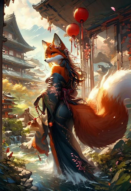 score_9_up,score_8_up,score_7_up,(masterpiece),(best quality),hyper detailed,perfect anatomy,anthro fox girl,foxfolk,dazzling,perfect face,
sexy,seductive,long hair,cleavage,black hair,print_kimono,furisode,orange furr,
wind_lift,dusk,outdoor,in spring,falling petals,cherry blossoms,looking_back,looking_at_viewer,dynamic_angle,