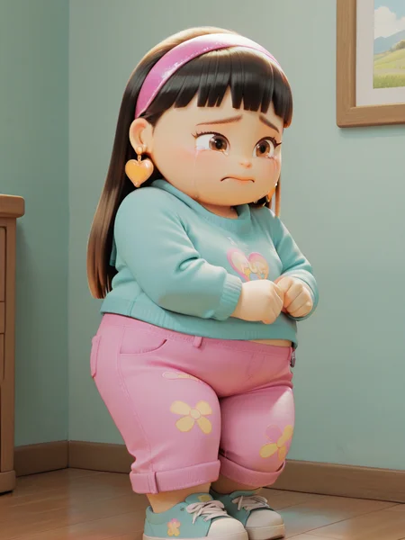 <lora:Abby_ParkIL:1> a_p, 1girl, plump, long black hair, fringe hair, brown eyes, hairband, heart earrings,
fullbody, crying