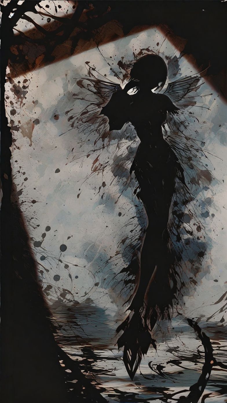 abstract, 1girl, sorceress, full body, horror, depressing, death, cinematic lighting, good shadow, breathtaking, dark theme, deep shadow, fallen angel, silhouette, harada miyuki style, masterpiece, best quality, <lora:harada_miyuki_style:1>