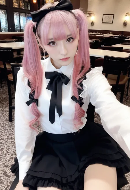 instagram photo,r/palegirls,selfie,masterpiece,best quality,jirai kei, jiraikei face, a woman, solo, twintails, skirt, sitting, looking at viewer, shirt, eyes, long hair, black skirt, hairband, bangs, brown hair, frills, blunt bangs, ribbon, long sleeves, jewelry, earrings, pink hair, white shirt, parted lips, black ribbon, She sits on a chair,photo background,Restaurant interior <lora:jirai kei-SDXL-V1:0.7>