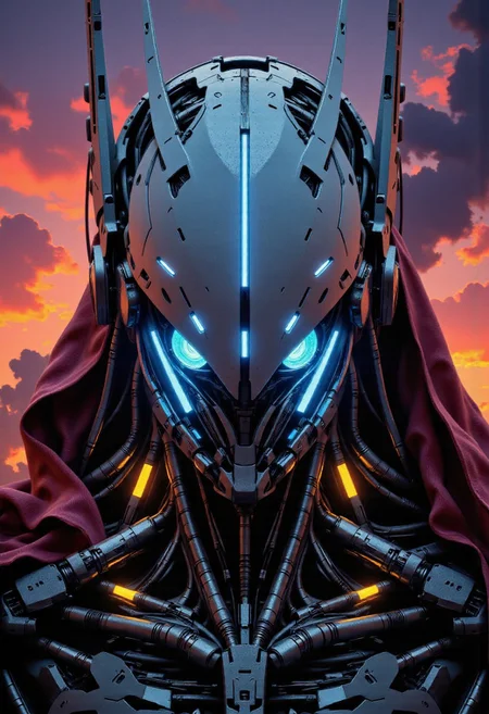 in the style of ckfa, in the style of ck-mgs, cyberpunk anime, a high-end battle android with white faceplate, glowing blue optical sensors, chrome wires and glowing lights and circuitry, in the style of Sauron from Lord of the Rings, robot joints and cables, sunset, silhouetted, chiascuro, dark sci-fi background