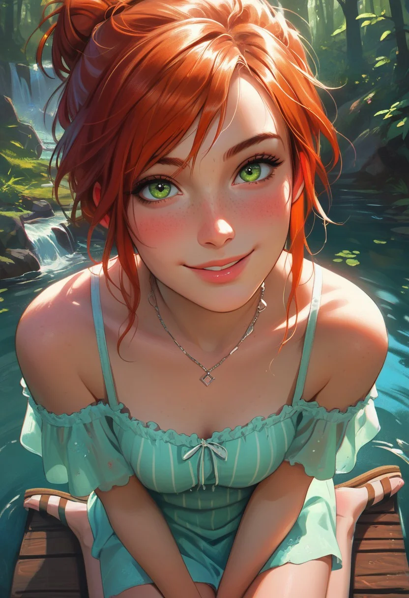 score_9_up, score_8_up, score_7_up, score_6_up, score_5_up, pg13, 4t4r, perfect cute face, perfect eyes, detailed, intricate details, chromatic aberration, realistic, dim lighting, 1girl, solo, 28yo redhead, (freckles), green eyes, striped off-the-shoulder sundress, layered necklace, strappy sandals, hair tied up in a messy bun with loose strands framing face, beautiful green forest and waterfall, looking at the viewer, (blush), subtle smile, fFaceDetail, stunning, masterpiece, close-up, kawaii