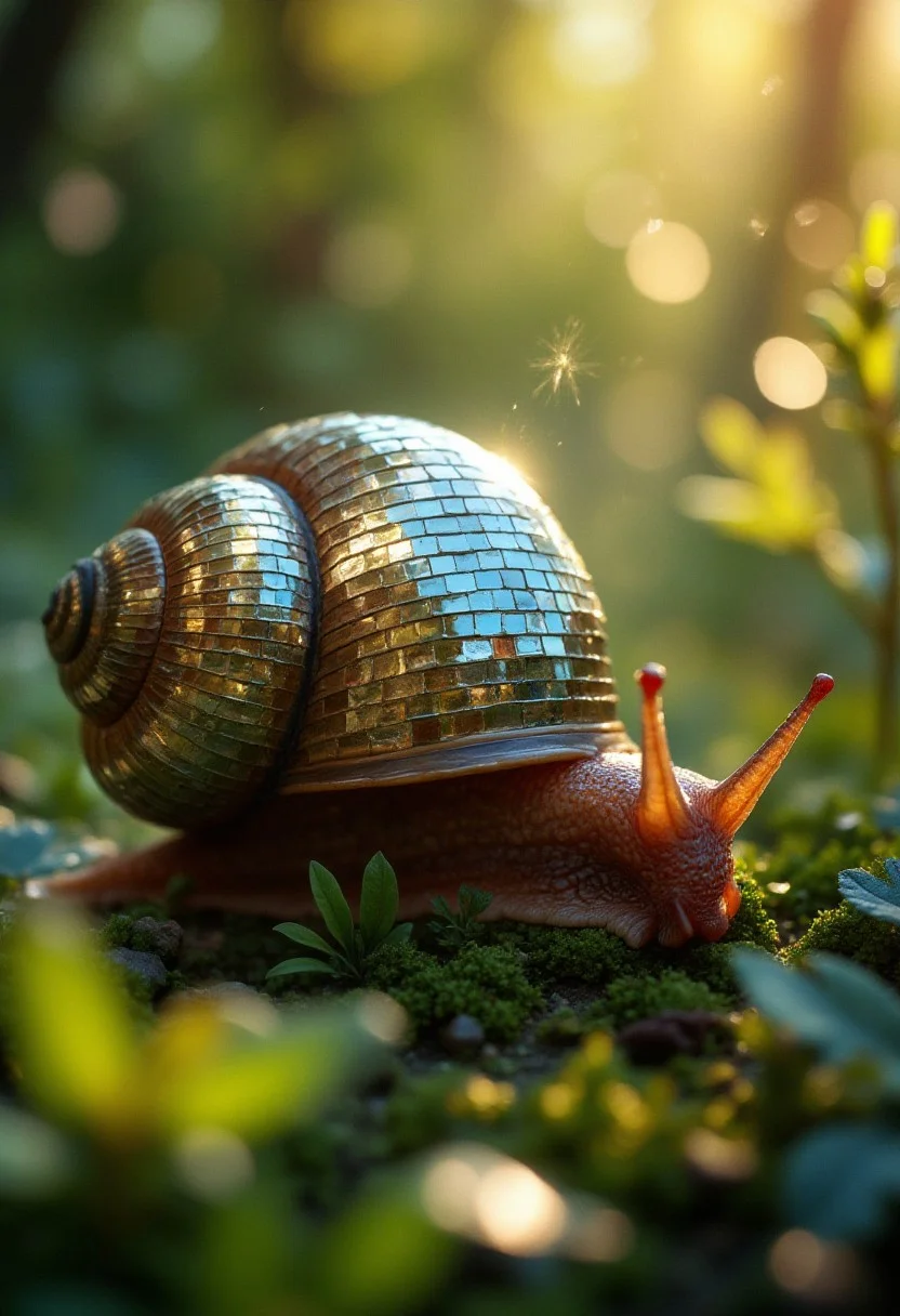 Detailed, masterpiece, professional, bold colors, octane render, photography, HDR, a close-up image of a snail whose shell is entirely a disco ball. The shell is a perfectly round, mirrored sphere with small reflective tiles, just like a classic disco ball. As the snail moves through a lush garden, beams of sunlight hit the mirrored surface, scattering light in all directions and creating a stunning array of sparkles and reflections across the surroundings. The background is slightly blurred to emphasize the snail with its unique disco ball shell. Taken using a vintage camera, film grain, chromatic aberration