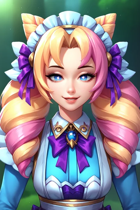 score_9, score_8_up, score_7_up, score_6_up, BREAK, GwenCafeCXL, blue eyes, one eye star-shaped pupil, blonde hair, pink hair, multicolored hair, twin drills, double buns, parted bangs, maid headdress, purple bow, medium breasts, maid, purple bowtie, blue dress, long sleeves, solo, front view, (portrait, upper body), solo focus, seductive smile, looking at viewer, forest, tree <lora:GwenCafeCXL:0.9>