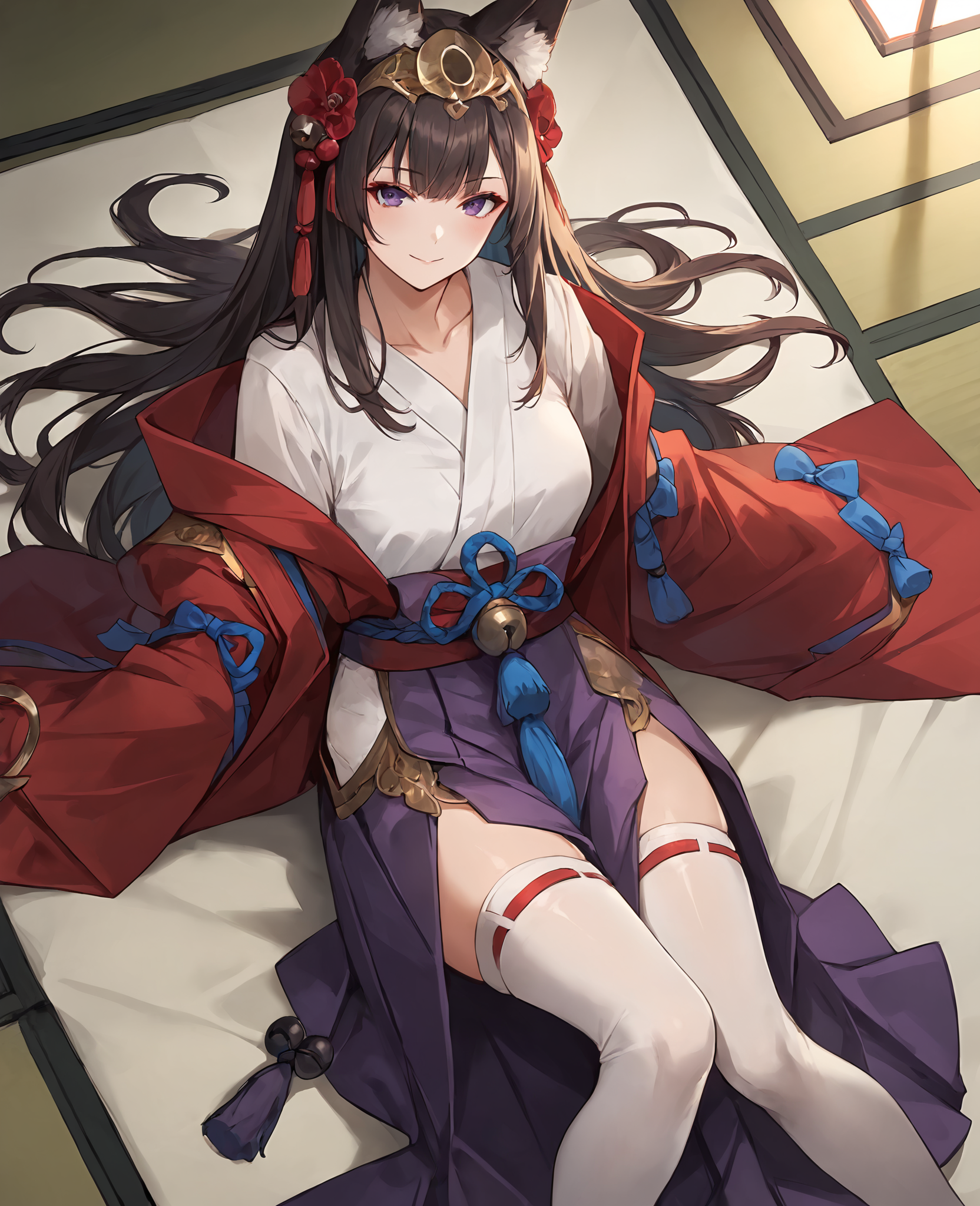 score_9,score_8_up,score_7_up,source_anime,rating_safe BREAK masterpiece,highres,best quality,high quality,dramatic angle,cinematic lighting,1girl,<lora:ShadowverseGinsetsu_Pony_V3:0.86>,animal ears,black hair,hair ornament,tassel,gold trim,jewelry,purple eyes,red kimono,red dress,purple skirt,white shirt,wide sleeves,clothing cutout,purple hakama,white thighhighs,lifting,sleeves past wrists,smile,lying,tatami,indoors,seductive pose,looking at viewer,embarrassed,parted lips,off shoulder,collarbone,