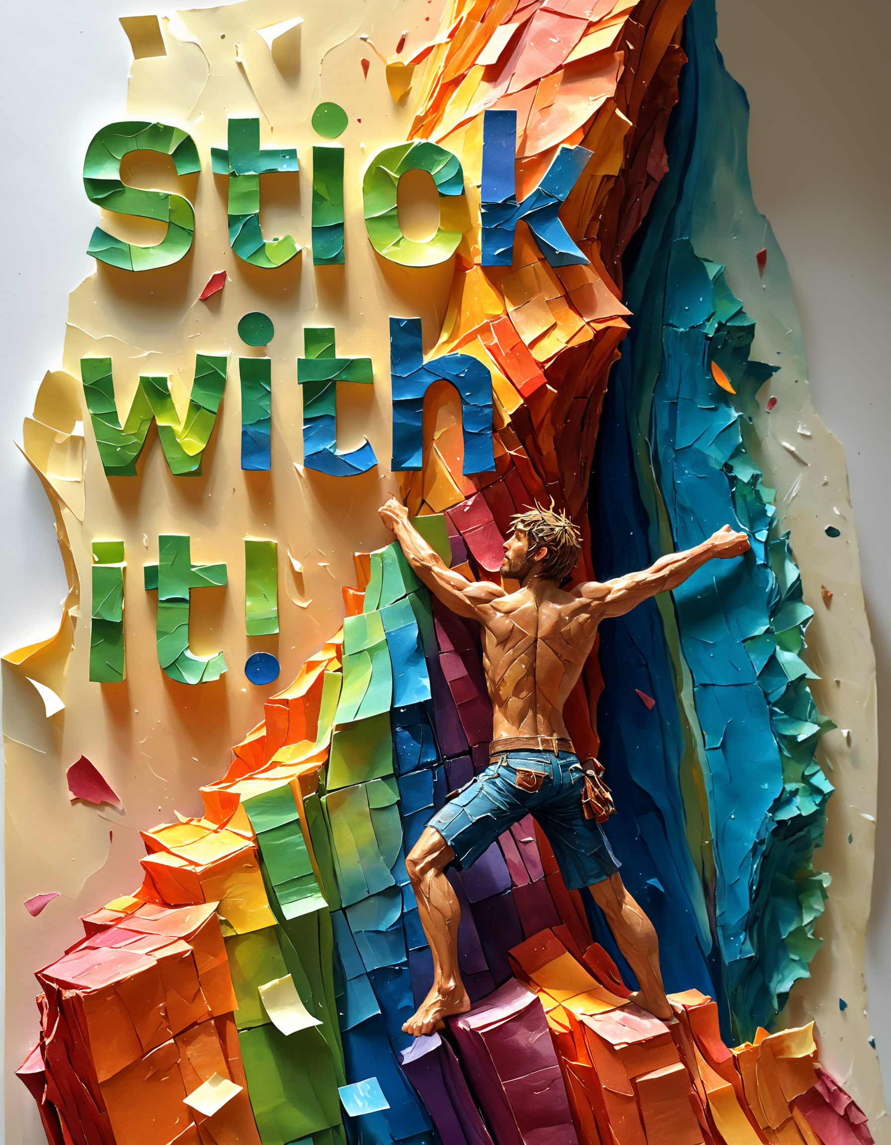 Alcohol ink art endposit_notesmorph, man rock climbing, text "stick with it!" made from 3m post it notes, post it notes, paper texture. Fluid and vibrant colors, unpredictable patterns, organic textures, translucent layers, abstract compositions, ethereal and dreamy effects, free-flowing movement, expressive brushstrokes, contemporary aesthetic, wet textured paper. sharp focus, elegant, highly detailed, dramatic cinematic, modern fine detail, intricate, imposing, sublime, cool, iconic, brilliant, amazing, awesome, lovely, pretty, surreal, ambient, epic, very inspirational