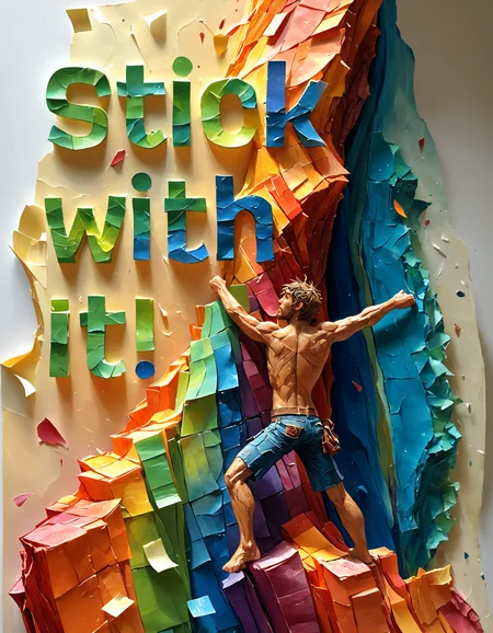 Alcohol ink art endposit_notesmorph, man rock climbing, text "stick with it!" made from 3m post it notes, post it notes, paper texture. Fluid and vibrant colors, unpredictable patterns, organic textures, translucent layers, abstract compositions, ethereal and dreamy effects, free-flowing movement, expressive brushstrokes, contemporary aesthetic, wet textured paper. sharp focus, elegant, highly detailed, dramatic cinematic, modern fine detail, intricate, imposing, sublime, cool, iconic, brilliant, amazing, awesome, lovely, pretty, surreal, ambient, epic, very inspirational