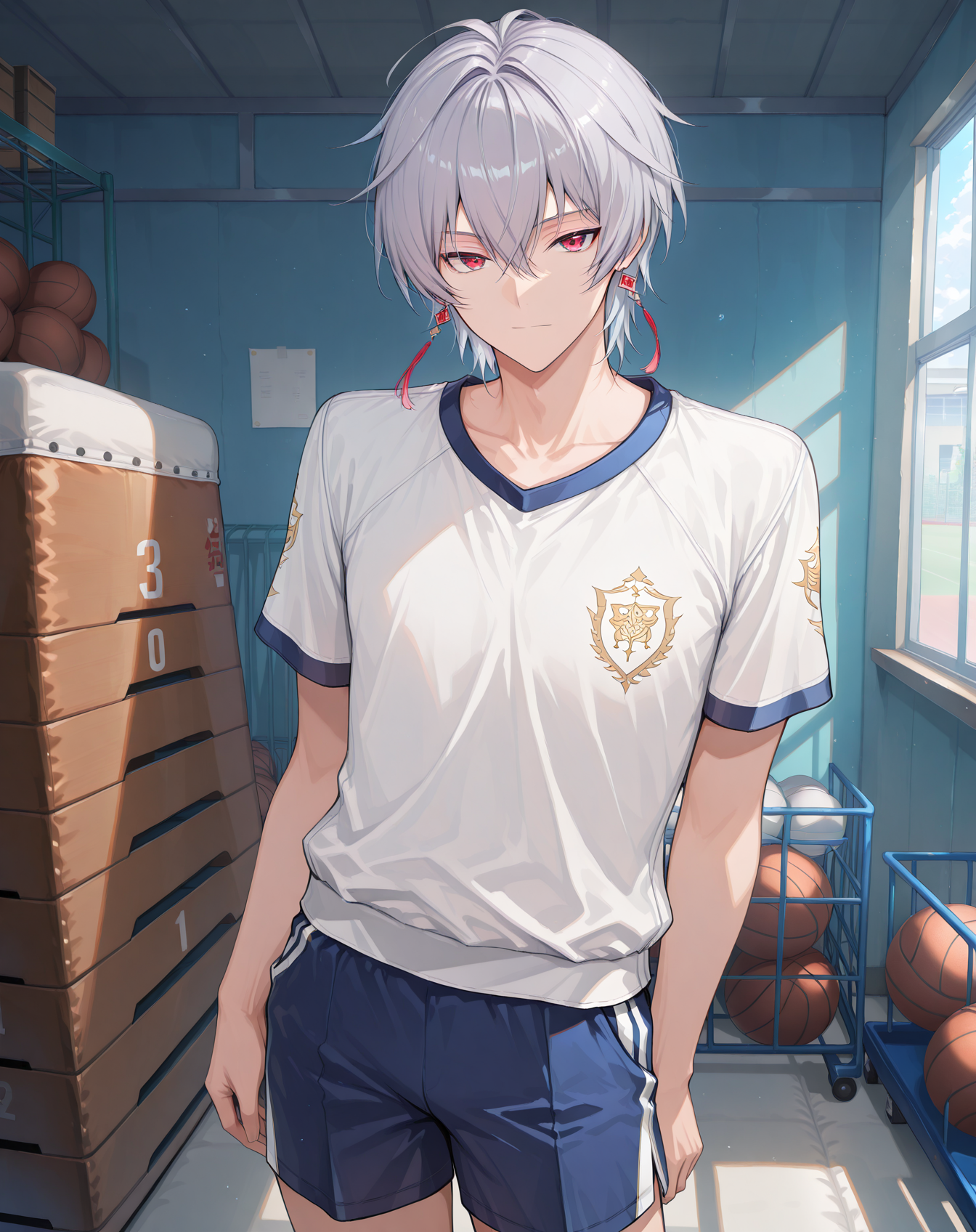 masterpiece, best quality, absurdres, very aesthetic,
1boy, solo, yaoi, male focus,
looking at viewer, cowboy shot, standing,
<lora:AsinT_Summer_ilxl:1> asintsummer, red eyes, short hair, grey hair, hair between eyes,
gym uniform, gym shorts, gym shirt,
indoors, gym storeroom, gym,